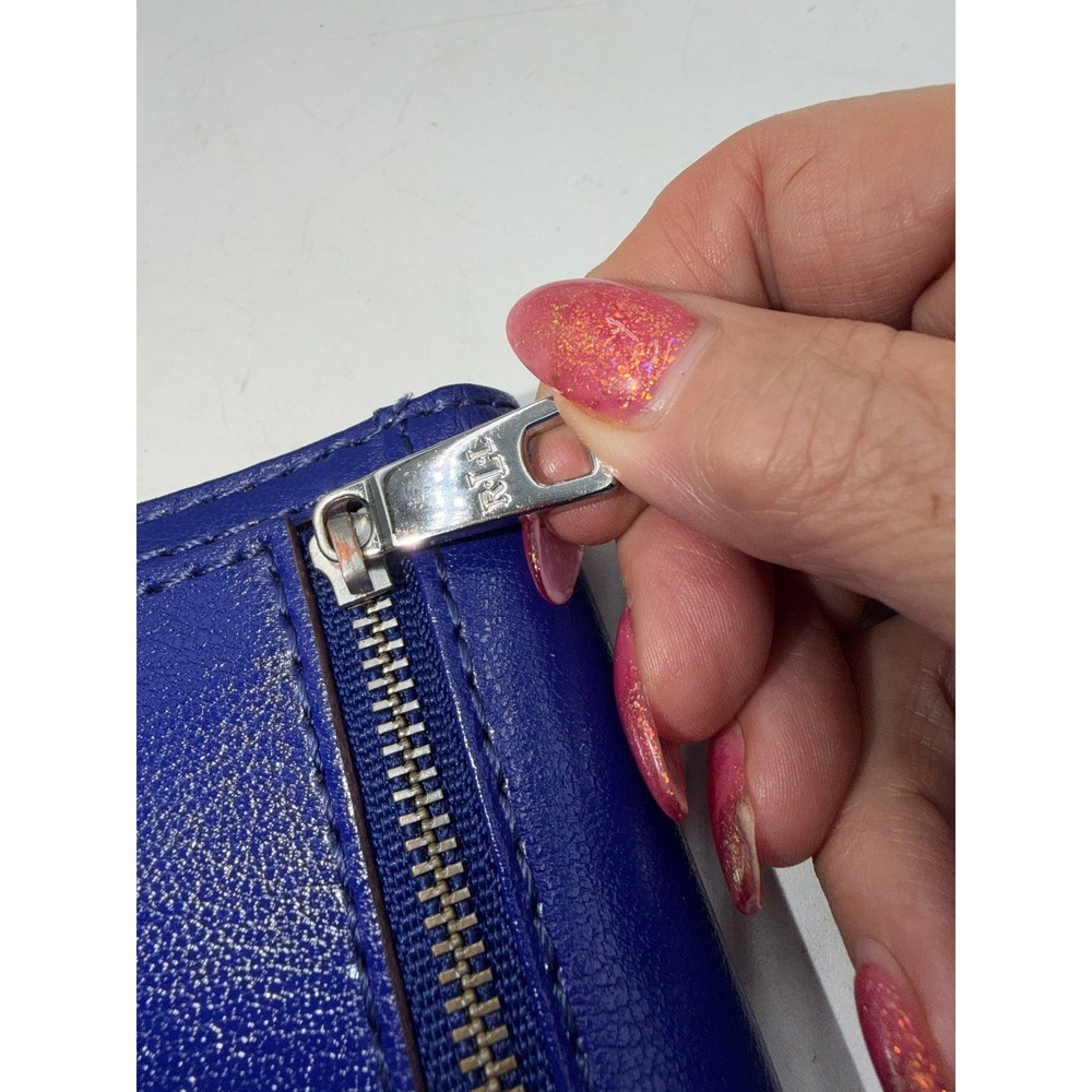 Lauren Ralph Lauren Blue Leather Slim Bifold Wallet Cognac Interior Silver Logo - Picture 9 of 10